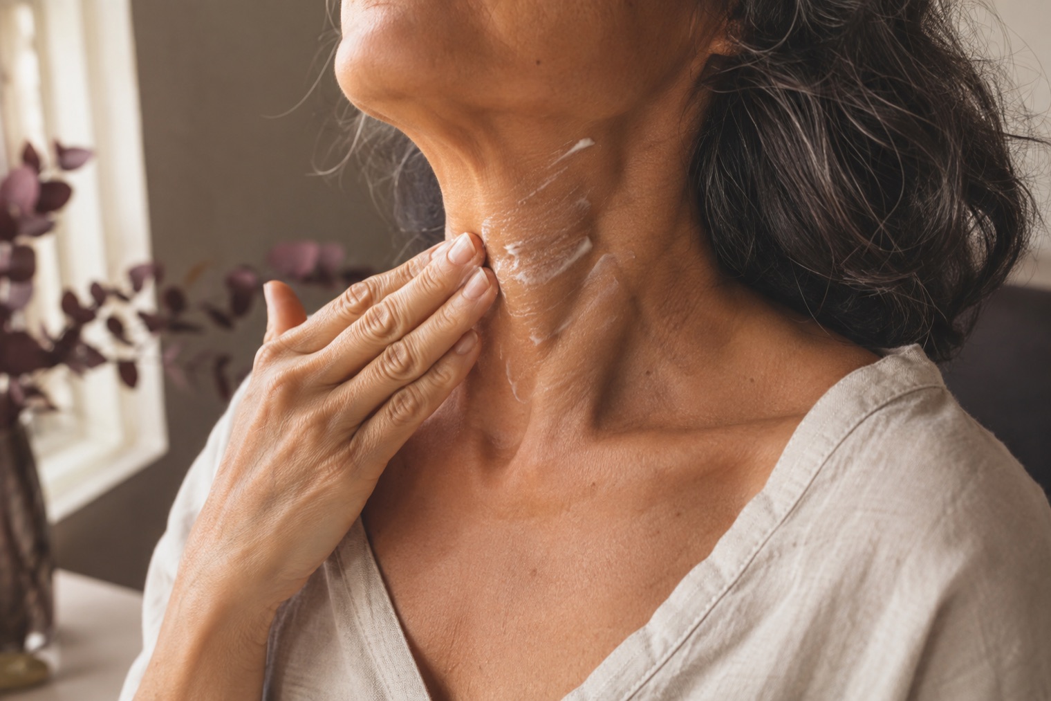 Mujer aplicándose crema en el cuello