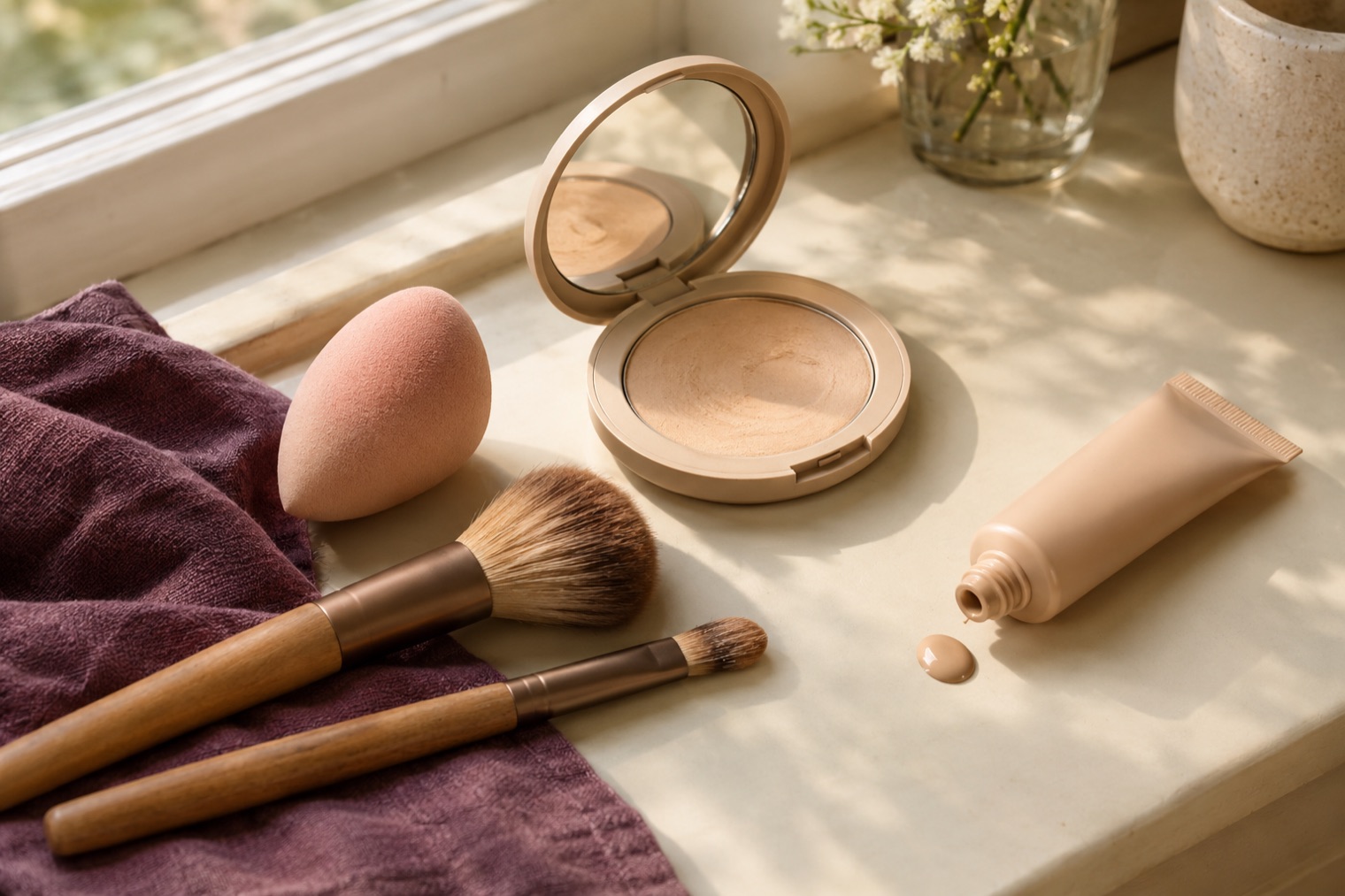 Esponja, brochas, polvera y base de maquillaje sobre un tocador