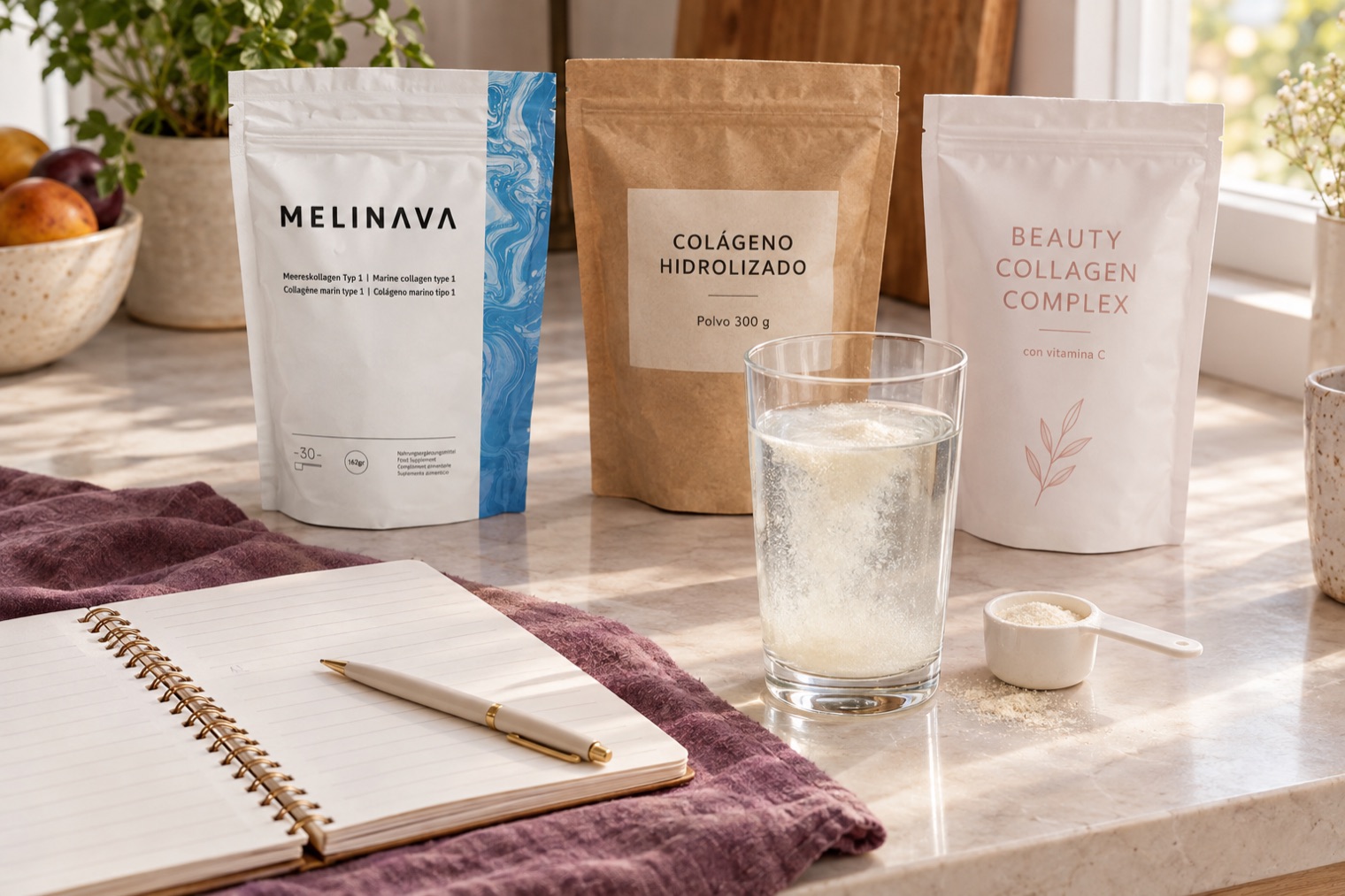 Cuaderno, vaso con colágeno disuelto y tres productos de colágeno sobre una encimera